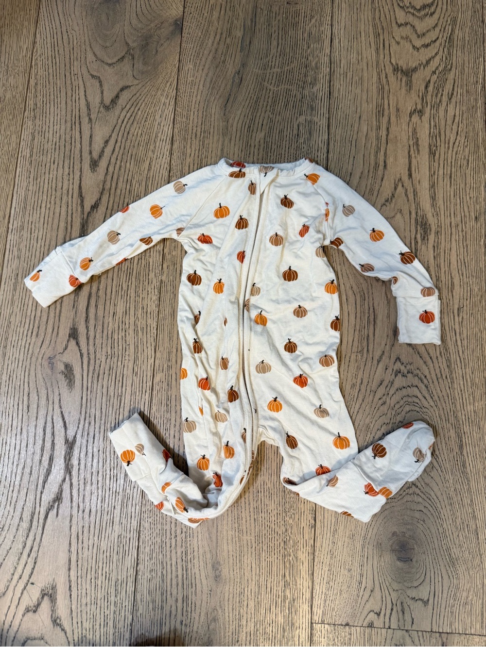 Cream Pumpkin-Print Footie One-Piece with Front Zipper
